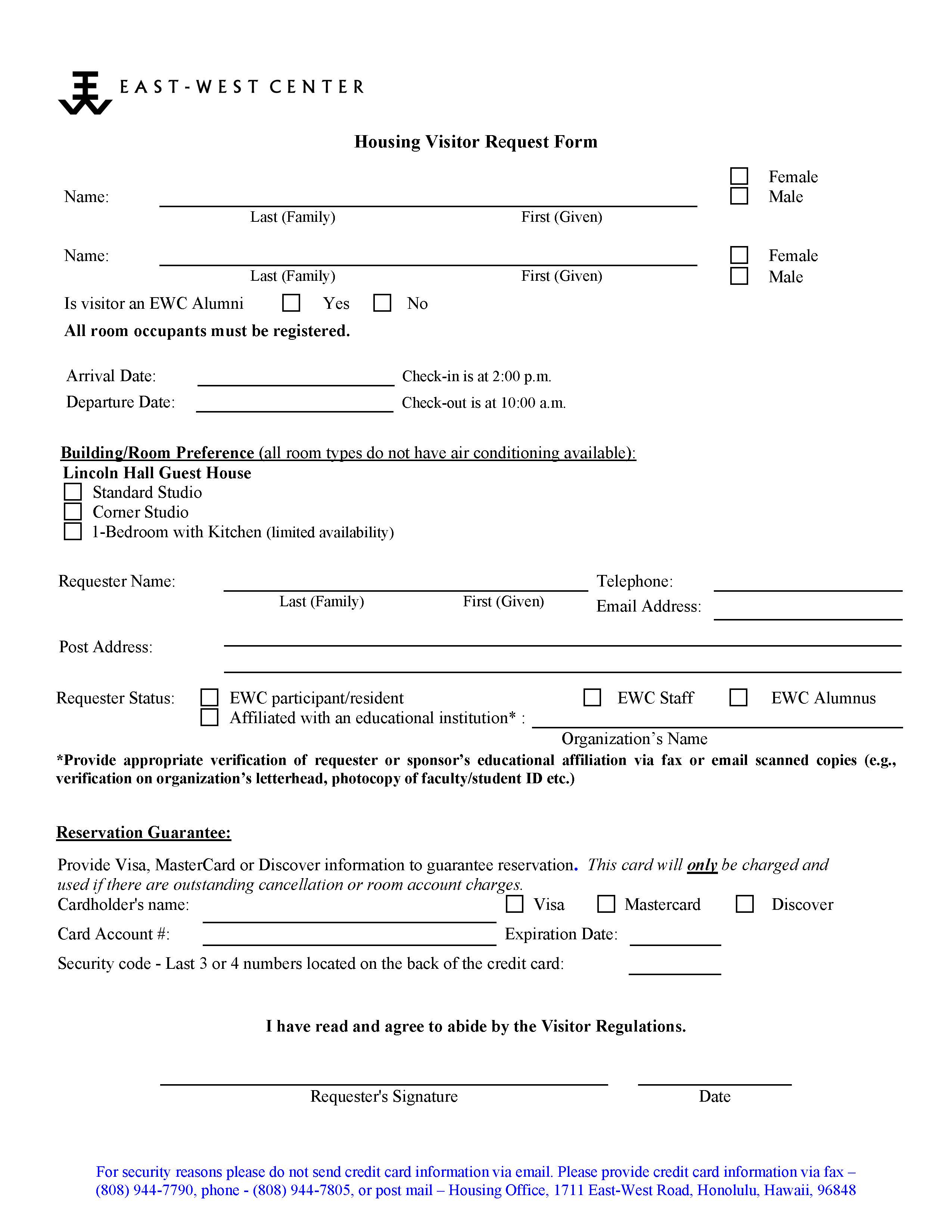 Visitor Housing Request form